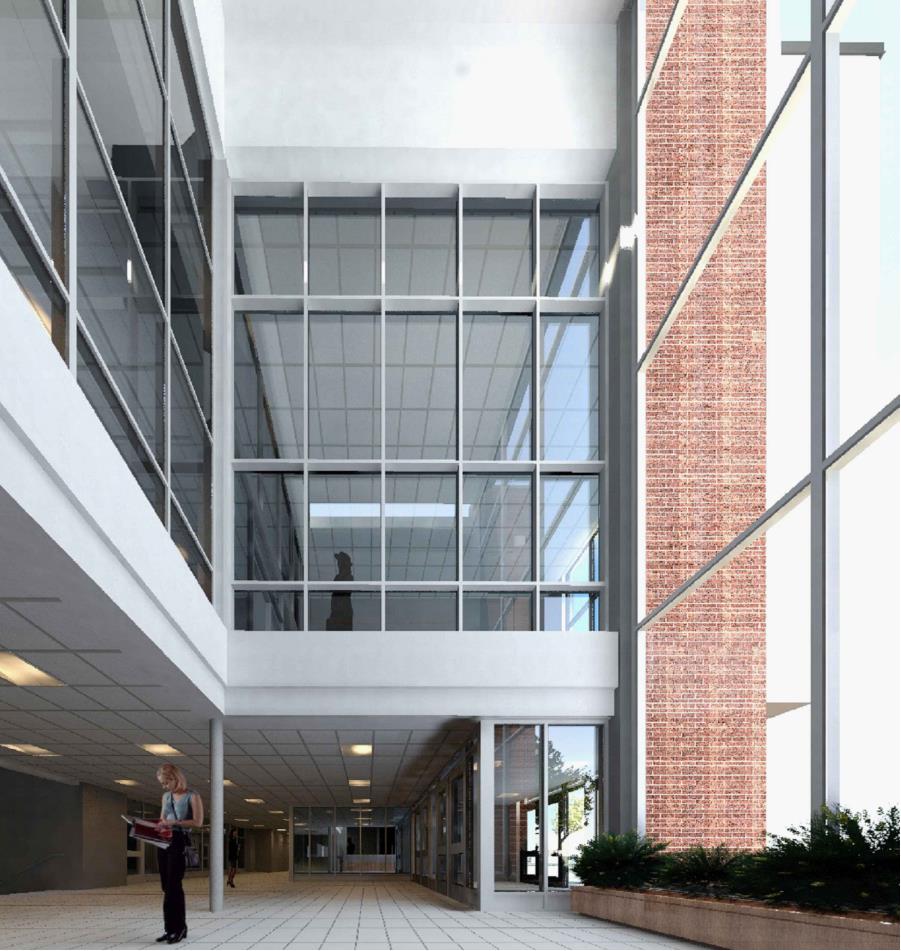 Interior rendering depicting the view from the atrium towards the main entrance and general office. Open Gallery